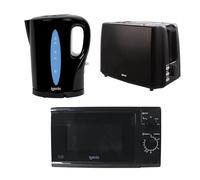 Igenix 3-Piece Kitchen Appliance Set - 1.7L 2200W Fast Boil Kettle, 750W 2-Slice Toaster & 20L 700W Microwave Oven with 5 Power Levels & Timer - Black