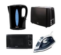 Igenix 4-Piece Kitchen & Home Appliance Set - 1.7L 2200W Fast Boil Kettle, 750W 2-Slice Toaster, 20L 800W Microwave Oven & 1600W Steam Iron - Black