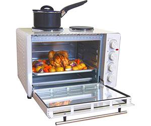 Igenix IG7145 Mini Oven with Electric Double Hotplate Hob, Ideal for Roasting, Grilling and Reheating with Aluminium Baking Tray, 45 Litre, 1500 Watt Power, White