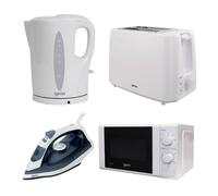 Igenix 4-Piece Kitchen & Home Appliance Set - 1.7L 2200W Fast Boil Kettle, 750W 2-Slice Toaster, 20L 700W Microwave Oven & 1600W Steam Iron - White