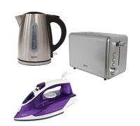 Igenix Kettle, Toaster & Iron Set, 1.7L 2200W Electric Kettle, Water Level Window, Boil-Dry Protection + 750W 2-Slice Toaster, Variable Browning, Crumb Tray + 2200W Steam Iron - Stainless Steel