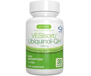 Igennus Maximum Absorption Vesisorb Kaneka Ubiquinol Coq10 100mg, 600% Higher Bioavailability, Body Ready Form Coenzyme Q10, Fast-Acting Water Soluble, 1 a Day 30 Softgels
