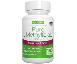 Igennus Pure Methyl Folate 400 mcg, 180 Tablets, Clean Label, 5-MTHF Active Folate (Vitamin B9), MTHFR Supplement, Lab Verified, Vegan & Suitable for Pregnancy, One-a-Day, 6 Month Supply