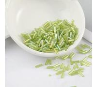 IGGLL Tube Spacer Beads,Glass Bugle Tube Beads,200Pcs/10g/Bag Transparent Glass Tube Beads 2 * 6mm Silver Core Glass Seed Bugle Beads Embroidery Jewelry DIY Garment Accessories(AB Light Green)