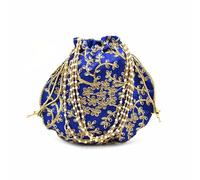 IGH Ethnic Potli Bag Ladies Handbag Batwa Pearls Handle Clutch Purse for Bridal Women, Royal Blue