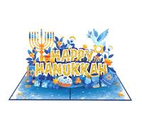 iGifts And Cards Happy Hanukkah 3D Pop-Up Card - Menorah, Star of David & Dreidels - Festival of Lights Greeting for Jewish Holidays, Family, Kids & Hosts - 5" x 7" with Notecard