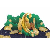 iGifts And Cards Ramadan Pop Up Card - Golden Ramadan Nights - 3D Mosque, Crescent Moon, Lantern - Blessings Keepsake for Family, Friends, Teachers, Children - 6" x 8" Spiritual Gift