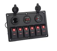 Ignition Lock Switch 6 Gang Switch Panel Socket Digital Voltmeter LED Display Rocker Aluminum 12V Power Adapter Dual USB For Car Marine Boat(Red)