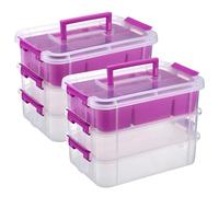 IGNPION 2pcs Stackable Storage Box, 3 Layer Adjustable Plastic Storage Box with Carrying Handle Transparent Organizer Containers for Arts and Crafts Toys Sewing Accessories (Purple)