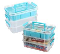 IGNPION 2pcs Stackable Storage Box, 3 Layer Adjustable Plastic Storage Box with Carrying Handle Transparent Organizer Containers for Arts and Crafts Toys Sewing Accessories (Blue)