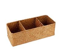 IGNPION 3-compartment Seagrass Storage Basket Woven Desktop Basket Rectangular Organiser Box Shelves & Desks Decorative Baskets for Sundries Stationery Toys Cosmetics, Caramels
