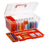 IGNPION Craft Storage Box with Divider Tray, Paint Tool Plastic Caddy Box with Brush Clean Slot, Mulit Purpose Organizer Container for Home Tool, Arts Crafts, Stationery, Sewing, Fishing, Orange