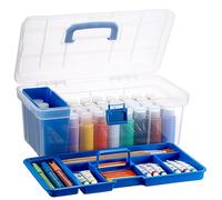 IGNPION Craft Storage Box with Divider Tray, Paint Tool Plastic Caddy Box with Brush Clean Slot, Mulit Purpose Organizer Container for Home Tool, Arts Crafts, Stationery, Sewing, Fishing Tackle, Blue