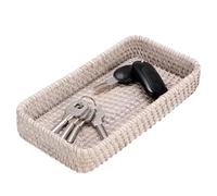 IGNPION Rattan Keys Caddy Tray, Small Woven Entryway Decorative Basket | Washwhite, Bedside Coffee Table Wicker Storage Tray for Remote Control, Vanity, Candle, Ornament, Perfume, Paper Napkins