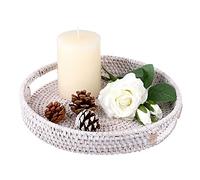 IGNPION Rattan Serving Tray 25cm Decorative Display Tray Table Storage Trays with Handle Desktop Organiser Basket for Tableware,Makeup,Vanity,Jewelry,Candle, Ornament Whitewash