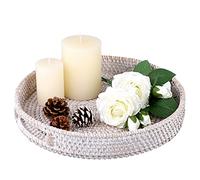 IGNPION Rattan Serving Tray 30cm Decorative Display Tray with Handle Desktop Organiser for Tableware, Makeup, Vanity, Jewelry, Candle, Ornament Whitewash