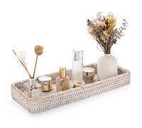 IGNPION Rattan Serving Tray Decorative Display Tray Table Storage Tray Toilet Tank Paper Tray Desktop Organiser Tray for Kitchen, Makeup, Vanity, Napkin, Candle, Ornament (40cm, Whitewash)