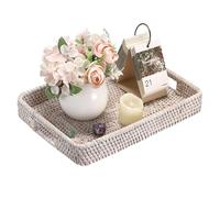 IGNPION Rattan Serving Tray Rectangle Decorative Display Tray Guest Towel Holder with Handle Desktop Organiser Basket for Tableware,Makeup,Vanity, Candle, Ornament,Perfume (White,L)