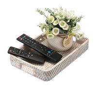 IGNPION Rattan Serving Tray Rectangle Decorative Display Tray Guest Towel Holder with Handle Desktop Organiser Basket for Tableware,Makeup,Vanity, Candle, Ornament,Perfume,White