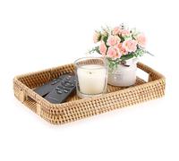 IGNPION Rattan Serving Trays Rectangle Decorative Display Tray Guest Towel Holder Trays with Handle Desktop Organiser Tray for Tableware,Makeup,Vanity, Candle, Ornament,Perfume