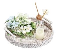 IGNPION Round Rattan Woven Serving Tray Decorative Display Guest Towel Storage Platters with Handle Table Desktop Organiser for Coffer,Drink,Breakfast,Tea,Candle, Whitewash, 28cm (IGPUK0675)