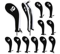 IGNPION Set of 12Number Print Golf Iron Head Cover Club Heads Protector Wedge Headcovers Long Neck with Zip (Black + White)
