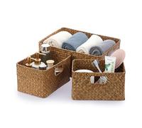 IGNPION Set of 3 Seagrass Opened Storage Basket Living Room Decorative Basket Woven Wicker Towel Baskets with 2 Sizes, Bathroom Storage Organiser Box, Shelves & Desks Multipurpose Storage Hamper