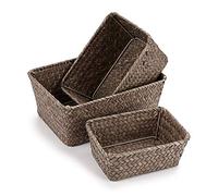IGNPION Set of 3 Seagrass Storage Basket Woven Seagrass Desktop Basket Rectangular Organiser Box Shelves & Desks Decorative Basket for Sundries Stationery Toys Cosmetics Books (Coffee)