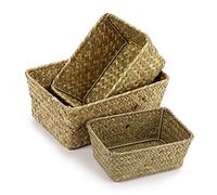 IGNPION Set of 3 Seagrass Storage Basket Woven Seagrass Desktop Basket Rectangular Organiser Box Shelves & Desks Decorative Basket for Sundries Stationery Toys Cosmetics Books (Natural Color)