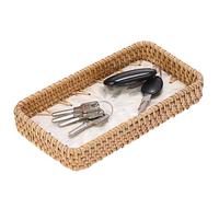 IGNPION Small Entryway Keys Tray, Rattan Vanity Tray with Mother of Pearl | Bathroom Toilet Basket, Coffee Table Wicker Storage Tray for Remote Control, Ornament, Perfume, Paper Napkins, White Leaf