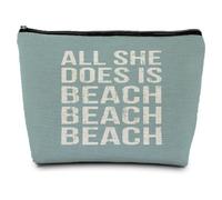 ignytiger Blue Beach Gifts Makeup Bag, Beaches Lovers Gift for Women, Summer Coastal Cosmetic Makeup Bag, All She Does is Beach Ocean Pouch Purse