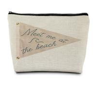 ignytiger Coastal Beach Makeup Bag, Meet Me at the Beach Canvas Cosmetic Bags for Women, Gifts for Ocean Lovers, Small Retro Cute Beige Nautical Zipper Makeup Pouches Gifts for Purse