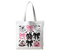 ignytiger Halloween Tote Bag, Pink Coquette Ghost Canvas Tote Bags Gifts for Women, Aesthetic Spooky Purse Reusable Grocery Shopping Bag Tote
