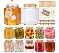 igoelove 480ml Hexagon Glass Jam Jars with Gold Lids, 12 Pack - Airtight Food Storage Containers for Honey,jellies,Desserts,chutneys,Pickles,Spices,herbs Pantry Organization & Wedding Favours