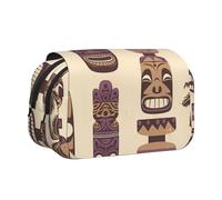 IguaTu Aloha Tiki Pattern Double-Layer Pencil Case, Oxford Fabric Pen Pouch with Zipper and Flap, Large Capacity Stationery Bag for School Office Travel