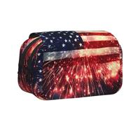 IguaTu American Flag Firework Double-Layer Pencil Case, Oxford Fabric Pen Pouch with Zipper and Flap, Large Capacity Stationery Bag for School Office Travel