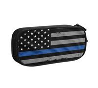 IguaTu American Thin Blue Line Flag Pencil Case, Large Capacity Double Layer Student Pencil Case - Durable Oxford Fabric School and Office Supplies Organizer