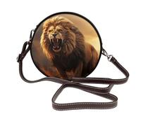 IguaTu Angry Roaring Lion Round Leather Shoulder Bag for Women with Detachable Strap, Stylish Crossbody Circle Purse