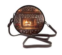 IguaTu Christmas Fireplace New Year Round Leather Shoulder Bag for Women with Detachable Strap, Stylish Crossbody Circle Purse