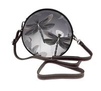 IguaTu Dragonflies Grey Round Leather Shoulder Bag for Women with Detachable Strap, Stylish Crossbody Circle Purse