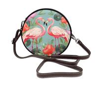 IguaTu Flamingo Love Flowers Round Leather Shoulder Bag for Women with Detachable Strap, Stylish Crossbody Circle Purse
