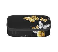 IGUATU Gold White Butterflies Black Large Capacity Pencil Case for School, Stationery Organiser Pouch with Compartments, Zipper Bag