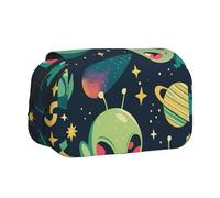 IguaTu Green Aliens Double-Layer Pencil Case, Oxford Fabric Pen Pouch with Zipper and Flap, Large Capacity Stationery Bag for School Office Travel