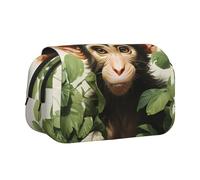 IguaTu Green Clever Monkey Double-Layer Pencil Case, Oxford Fabric Pen Pouch with Zipper and Flap, Large Capacity Stationery Bag for School Office Travel