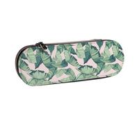 IguaTu Green Palm Tree Leaves Pink Hard Shell Leather Pencil Case & Makeup Organizer - Waterproof Zippered Cosmetic Brush Bag, Compact Travel Pen Pouch for School, Office Gift