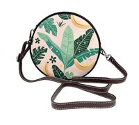 IguaTu green palm tree leaves pink Round Leather Shoulder Bag for Women with Detachable Strap, Stylish Crossbody Circle Purse