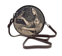 IguaTu Magic Witch Witchcraft Bohemian Drawing1 Round Leather Shoulder Bag for Women with Detachable Strap, Stylish Crossbody Circle Purse