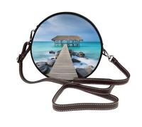 IguaTu Modern Seascape Picture Round Leather Shoulder Bag for Women with Detachable Strap, Stylish Crossbody Circle Purse