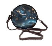 IguaTu Nightsky Hanging Moon Stars Round Leather Shoulder Bag for Women with Detachable Strap, Stylish Crossbody Circle Purse