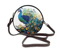 IguaTu Peacock pattern Round Leather Shoulder Bag for Women with Detachable Strap, Stylish Crossbody Circle Purse